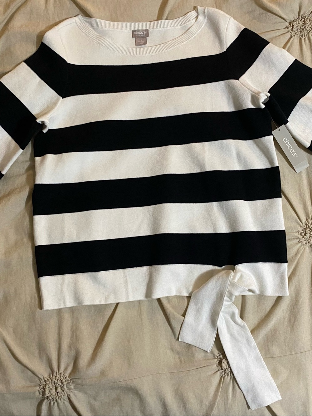 Chico's Black & White Striped Tie-Hem Crewneck Sweater